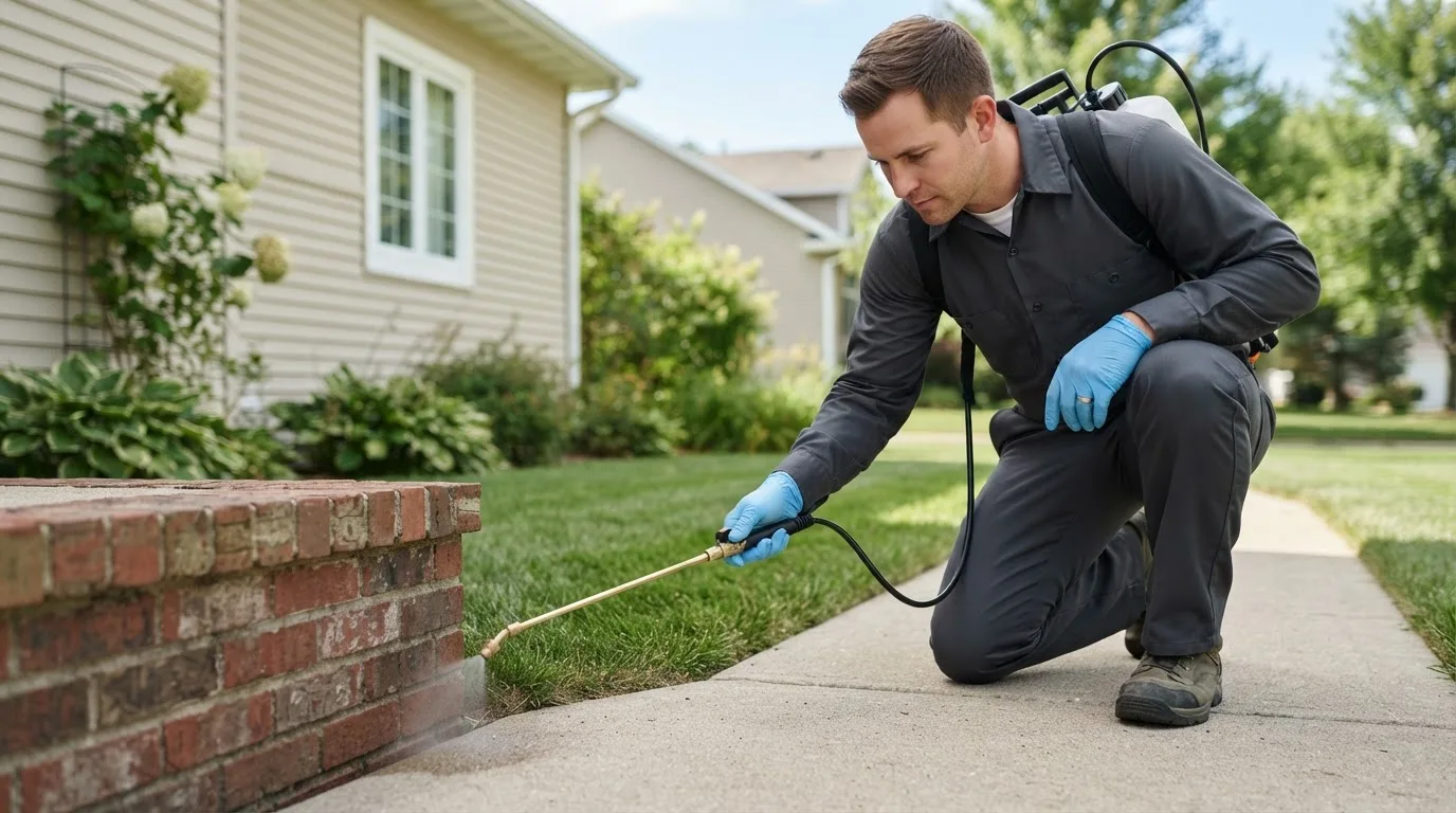 Pest control technician treating a home near Owings Mills, MD